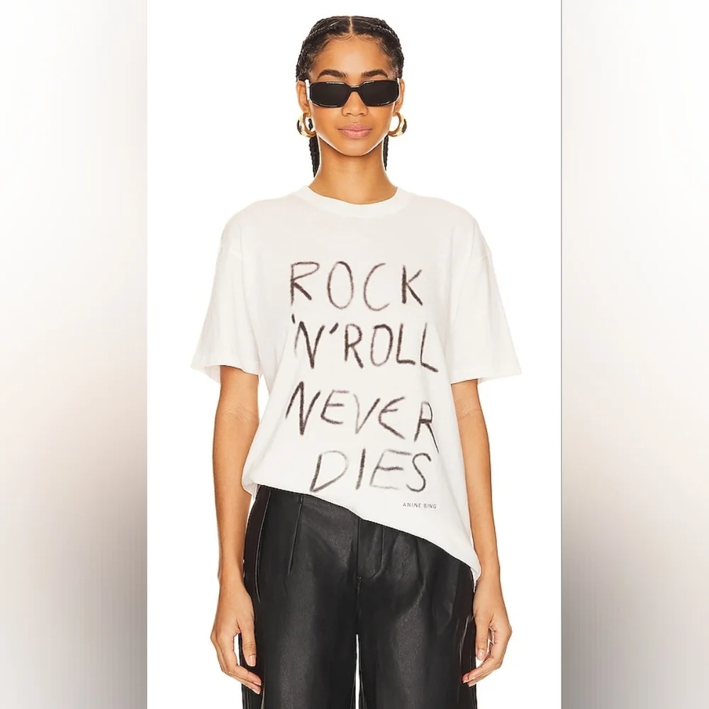 Anine Bing White T Shirt Womens 100% Cotton White Rock N Roll Size L Punk - Picture 1 of 8